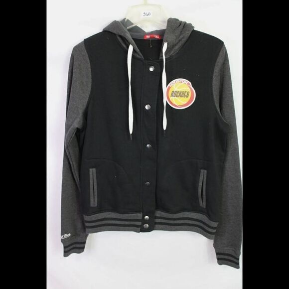 MITCHELL & NESS SIZE S HOUSTON ROCKETS JACKET GRAY BLACK HOODED SNAP FRONT NEW - Picture 1 of 8